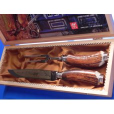 Zwilling J A Henckels Carving Knife w/ Elk Wildlife Blade Etch + Serving Fork & Premium Stag Handles