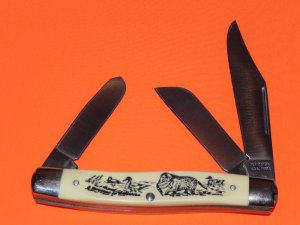 Vintage Schrade Scrimshaw Limited Edition 3 Blade Stockman (505SC) w Dog Retrieving Duck Scene - NOS