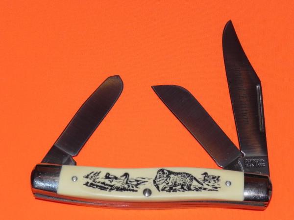 Vintage Schrade Scrimshaw Limited Edition 3 Blade Stockman (505SC) w Dog Retrieving Duck Scene - NOS Vintage Schrade Scrimshaw Limited Edition 3 Blade Stockman (505SC) w Dog Retrieving Duck Scene - NOS