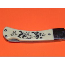 Vintage Limited Edition Schrade Scrimshaw Single Blade LockBack Knife w/ Waterfowl/Duck Flying SC513