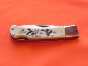 Vintage Limited Edition Schrade Scrimshaw Single Blade LockBack Knife w/ Waterfowl/Duck Flying SC513