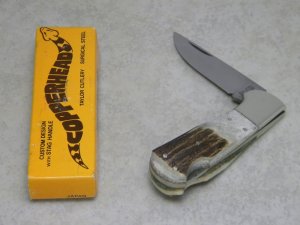 Taylor Cutlery Japan Elk Horn Surgical 1980 Stag Copperhead Lockback Knife in Box