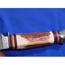 Vintage J A Henckels Single Blade Hunting Knife w Orig Sheath w/ Fancy Gold Scroll & Buck Blade Etch Vintage J A Henckels Single Blade Hunting Knife w Orig Sheath w/ Fancy Gold Scroll & Buck Blade Etch