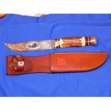 Vintage J A Henckels Single Blade Hunting Knife w Orig Sheath w/ Fancy Gold Scroll & Buck Blade Etch Vintage J A Henckels Single Blade Hunting Knife w Orig Sheath w/ Fancy Gold Scroll & Buck Blade Etch