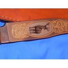 Vintage J A Henckels Single Blade Hunting Knife w Orig Sheath w/ Fancy Gold Scroll & Buck Blade Etch Vintage J A Henckels Single Blade Hunting Knife w Orig Sheath w/ Fancy Gold Scroll & Buck Blade Etch