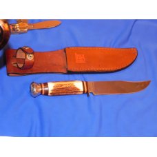 Vintage J A Henckels Single Blade Hunting Knife w Orig Sheath w/ Fancy Gold Scroll & Buck Blade Etch Vintage J A Henckels Single Blade Hunting Knife w Orig Sheath w/ Fancy Gold Scroll & Buck Blade Etch