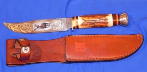 Vintage J A Henckels Single Blade Hunting Knife w Orig Sheath w/ Fancy Gold Scroll & Buck Blade Etch