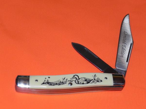 Vintage Limited Edition, Schrade Scrimshaw 2 Blade Jack Knife with Waterfowl/Duck Hunting Scene