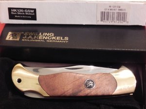 Vintage J A Henckels HK120-GSW Folding Hunter w/ Euro Gunstock Walnut handles - NOS in box w/ COA