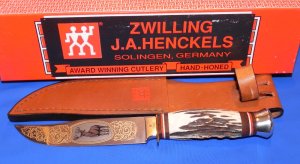 Vintage J A Henckels Presentation Hunting Knife (HK500) W Gold Scroll & Buck Blade Etch + Sheath&Box