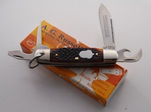 Classic A.G. Russell 4-Blade Unofficial Scout Knife, Made In USA, Dark Bone Covers, 2004 (758)