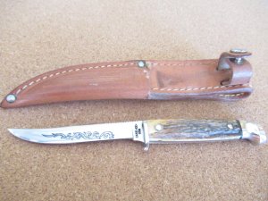 Case XX  1977  Stag Handle Fixed Blade Blue Scroll Pattern # M5FSSP