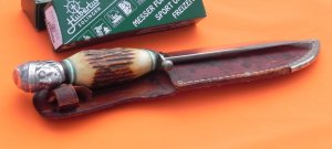 Vintage Hubertus Fixed Blade Hunter with Very Nice Stag Handles & Rare Indian Head Figure