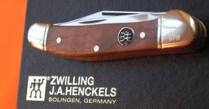 J A Henckels Copperhead Pocket Knife w European Gunstock Walnut Handles +Pouch, COA & Hard Box -RARE