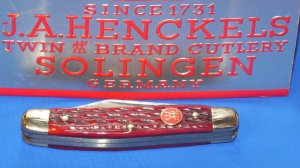 Vint J A Henckels Stockman, HK-2-B Pocket Knife w Great Dark Red Pickbone Handles & Frost Blade Etch