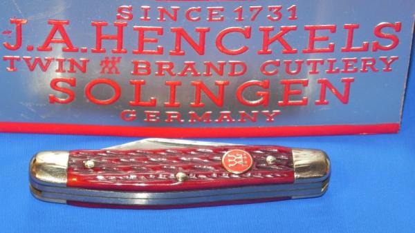Vint J A Henckels Stockman, HK-2-B Pocket Knife w Great Dark Red Pickbone Handles & Frost Blade Etch Vint J A Henckels Stockman, HK-2-B Pocket Knife w Great Dark Red Pickbone Handles & Frost Blade Etch