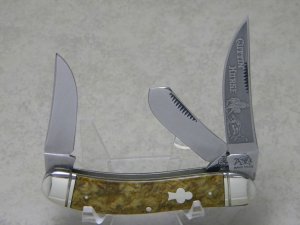 Bulldog Brand Solingen Germany Pit Bulls Trade Mark Gold Marbled Cuttin Horse Sowbelly Knife c.1993