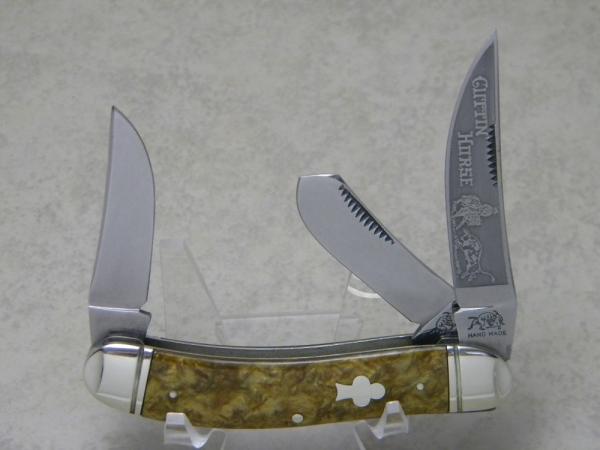 Bulldog Brand Solingen Germany Pit Bulls Trade Mark Gold Marbled Cuttin Horse Sowbelly Knife c.1993 Bulldog Brand Solingen Germany Pit Bulls Trade Mark Gold Marbled Cuttin Horse Sowbelly Knife c.1993