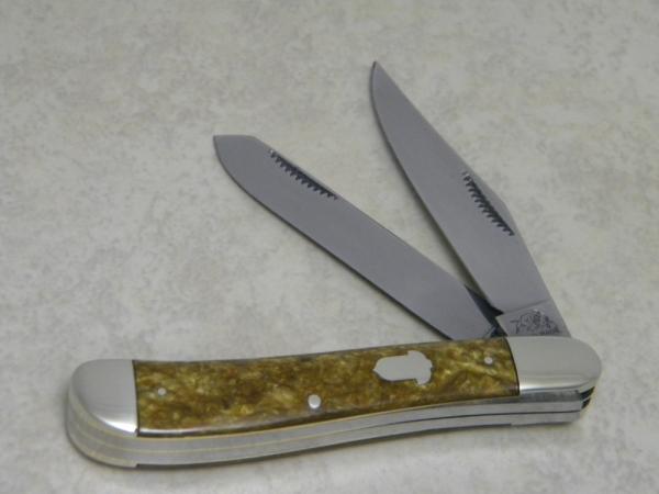 Bulldog Brand Solingen Germany Pit Bulls Trade Mark Gold Marbled Dogleg Trapper Knife c.1993 Bulldog Brand Solingen Germany Pit Bulls Trade Mark Gold Marbled Dogleg Trapper Knife c.1993