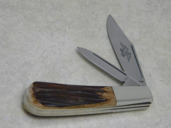 American Blade by Parker Cut. Co. Japan Second Cut Bone Stag Eagle Brand Curved Frame Barlow Knife American Blade by Parker Cut. Co. Japan Second Cut Bone Stag Eagle Brand Curved Frame Barlow Knife