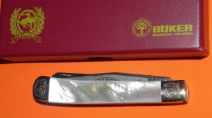 Boker "Cinch" Trapper Mdl# 2525P w/ Flawless and Fiery Mother of Pearl Handles Scroll Bolsters -WOW