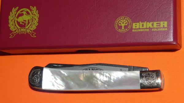 Boker "Cinch" Trapper Mdl# 2525P w/ Flawless and Fiery Mother of Pearl Handles Scroll Bolsters -WOW Boker "Cinch" Trapper Mdl# 2525P w/ Flawless and Fiery Mother of Pearl Handles Scroll Bolsters -WOW