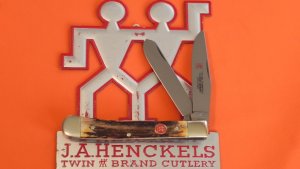 Vintage, NOS, J A Henckels 2 Blade Trapper with Premium Stag Handles & Blade Etch +Orig Box