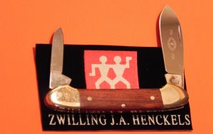 Vintage J A Henckels (INOX) 2 Blade Canoe w/ Walnut? Wood Handles & Blade Etch - NM - NICE ONE!