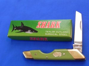 Vintage 1991 Taylor Cutlery (Elk Horn) Shark Knife w/ Green Derlin Handles and Elk Horn Shield & Box