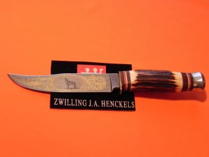 Vintage J A Henckels Presentation Fixed Blade Hunter w/ Deep Stag Handles & Great Blade Etch Wolf
