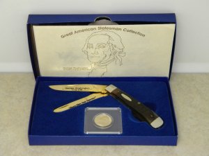 Case USA 1986 Great American Statesman George Washington 6254 Bone Trapper Knife & Coin in Box 