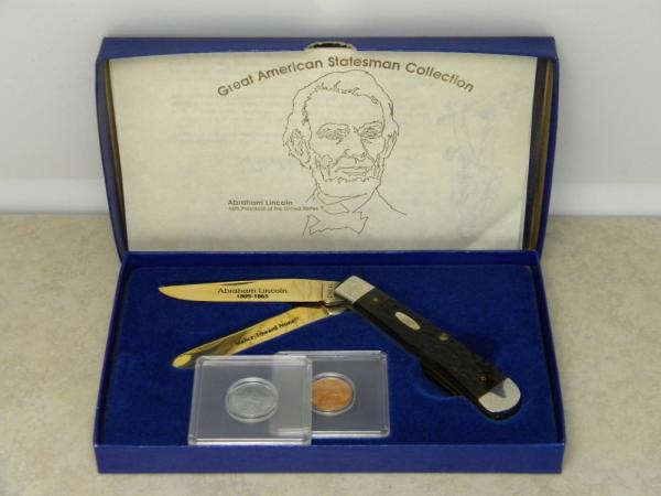 Case USA 1985 Great American Statesman Abraham Lincoln 6254 Bone Trapper Knife & Coin in Box Case USA 1985 Great American Statesman Abraham Lincoln 6254 Bone Trapper Knife & Coin in Box