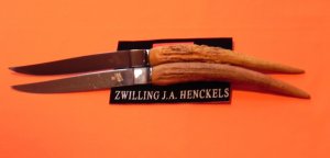 Vintage, J.A. Henckels Friodur Set of 2 Steak Knives, Made in Solingen Germany & Stag Handles -Rare!