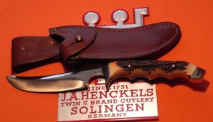 Vintage J A Henckels Safari Skinning / Hunting / Camping knife w/ Orig Sheath & Great STAG Handles!