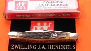 J A Henckels (HK-3-FOI) Stockman Pocket Knife with (Fossil?) Bone Handles -Comes New in Original Box