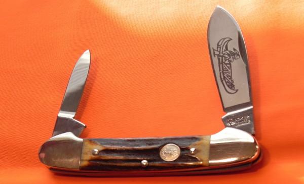 Vintage Boker Canoe Pocket Knife w Great Matching Stag Handles & Frost Indian in Canoe Blade Etch Vintage Boker Canoe Pocket Knife w Great Matching Stag Handles & Frost Indian in Canoe Blade Etch