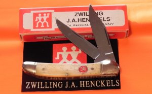 Vintage J A Henckels Natural Smooth Bone 2 Blade Copperhead Pocket Knife w Red Shield MDL# HK-4-WSB