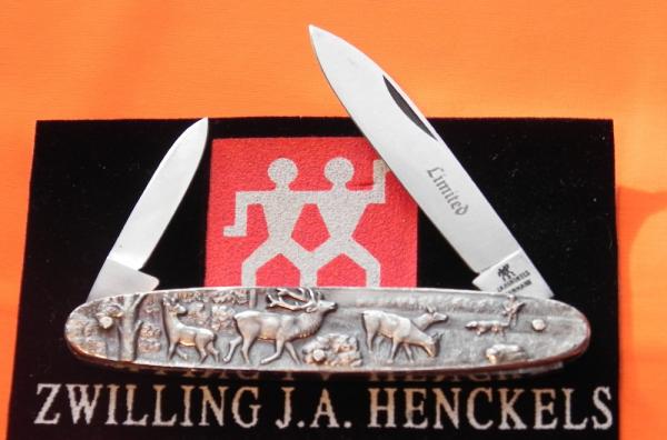 Vintage J A Henckels 2 Blade Gents Pocket knife w/ Elk & Hunter +Hawks on Reverse -Limited Edition