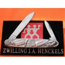 Vintage J A Henckels 2 Blade Gents Pocket knife w/ Elk & Hunter +Hawks on Reverse -Limited Edition