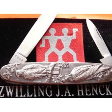 Vintage J A Henckels 2 Blade Gents Pocket knife w/ Elk & Hunter +Hawks on Reverse -Limited Edition