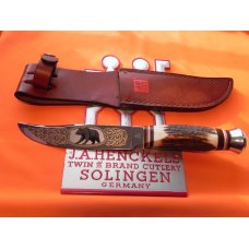 J A Henckels Presentation Hand Forged Fixed Blade Hunter Knife Stag Handles & Bear Blade Etch HK-501 J A Henckels Presentation Hand Forged Fixed Blade Hunter Knife Stag Handles & Bear Blade Etch HK-501