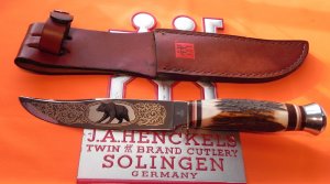 J A Henckels Presentation Hand Forged Fixed Blade Hunter Knife Stag Handles & Bear Blade Etch HK-501