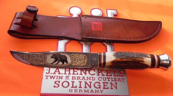 J A Henckels Presentation Hand Forged Fixed Blade Hunter Knife Stag Handles & Bear Blade Etch HK-501 J A Henckels Presentation Hand Forged Fixed Blade Hunter Knife Stag Handles & Bear Blade Etch HK-501