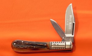 1986 Bulldog Brand HAND MADE, 2 Blade "White Burley Ohio" Tobacco Barlow w/ Gnarly Deer Stag Handles