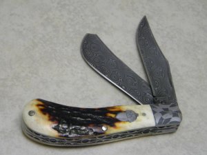 Bill Ruple Custom Stag Damascus Saddle Horn Trapper Knife