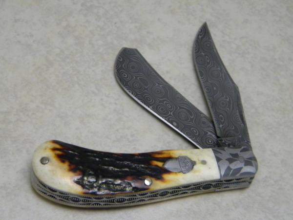 Bill Ruple Custom Stag Damascus Saddle Horn Trapper Knife