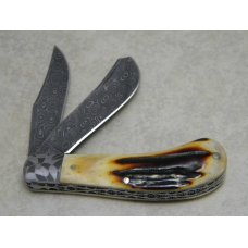 Bill Ruple Custom Stag Damascus Saddle Horn Trapper Knife