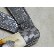 Bill Ruple Custom Stag Damascus Saddle Horn Trapper Knife