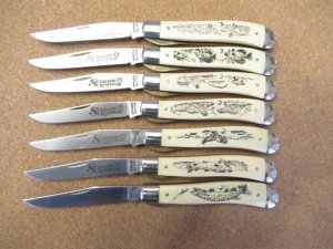 Schrade Cutlery  USA Scrimshaw   7 White Delrin Handle Pattern # SC 503 pick the one you want 