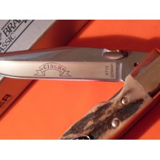 Boker "Cinch" 1 Blade Thumb Assist Open Trapper Mdl# 4715 w/ Stag Handles & Blade Etch +Orig Box Boker "Cinch" 1 Blade Thumb Assist Open Trapper Mdl# 4715 w/ Stag Handles & Blade Etch +Orig Box